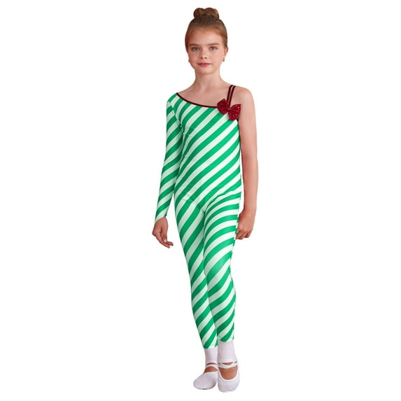 ZDHoor Girls Christmas Candy Cane Striped Sequins Dance Unitard Jumpsuit Stage Performance Costume Green-B 14