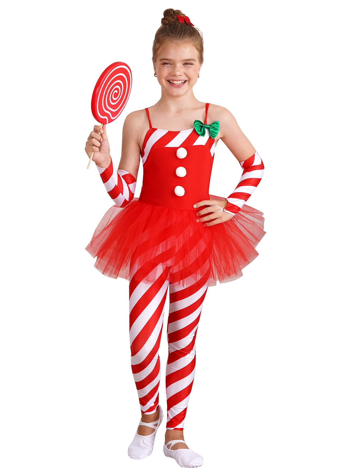 ZDHoor Girls Christmas Candy Cane Striped Sequins Dance Unitard