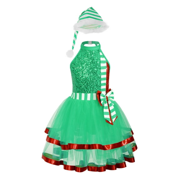 ZDHoor Girls Christmas Elf Costume Shiny Sequined Ballet Dance Ice Skating Performance Leotard Dress Green-A 10