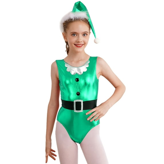 ZDHoor Girls Christmas Santa Claus Elf Costume Gymnastic Skating Leotard Bodysuit with Xmas Hat Set Green-B 12