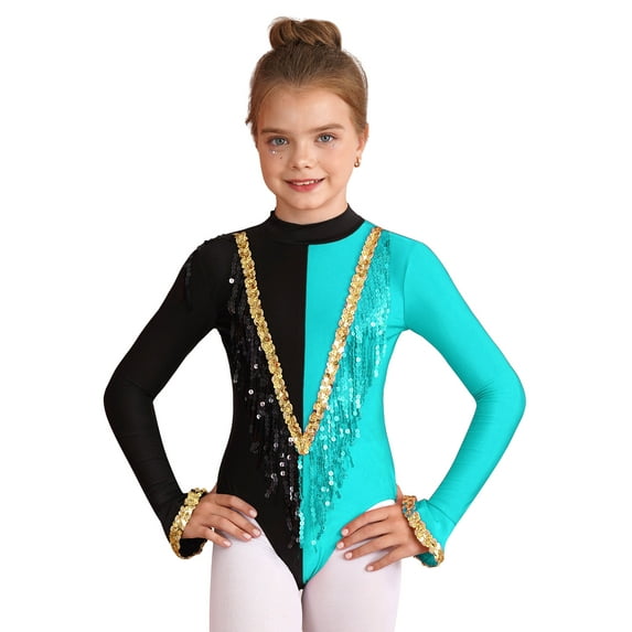 ZDHoor Girls Circus Ringmaster Costume Magic Show Jumpsuit Long Sleeve Sequins Tassels Dance Leotard Lake Blue 12
