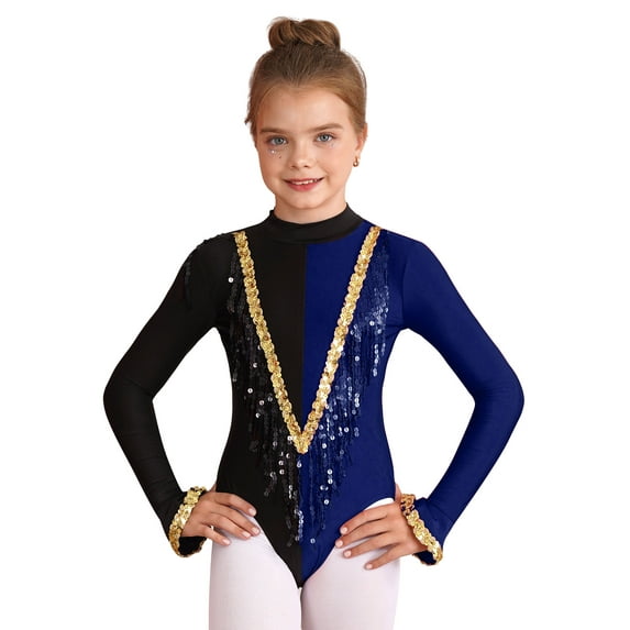 ZDHoor Girls Circus Ringmaster Costume Magic Show Jumpsuit Long Sleeve Sequins Tassels Dance Leotard Navy Blue 14