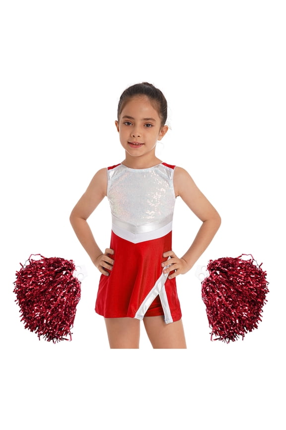 Girls Dance Outfit Sleeveless Sequins Dress with Shorts Pompoms Cheerleading Performance Set Red 12