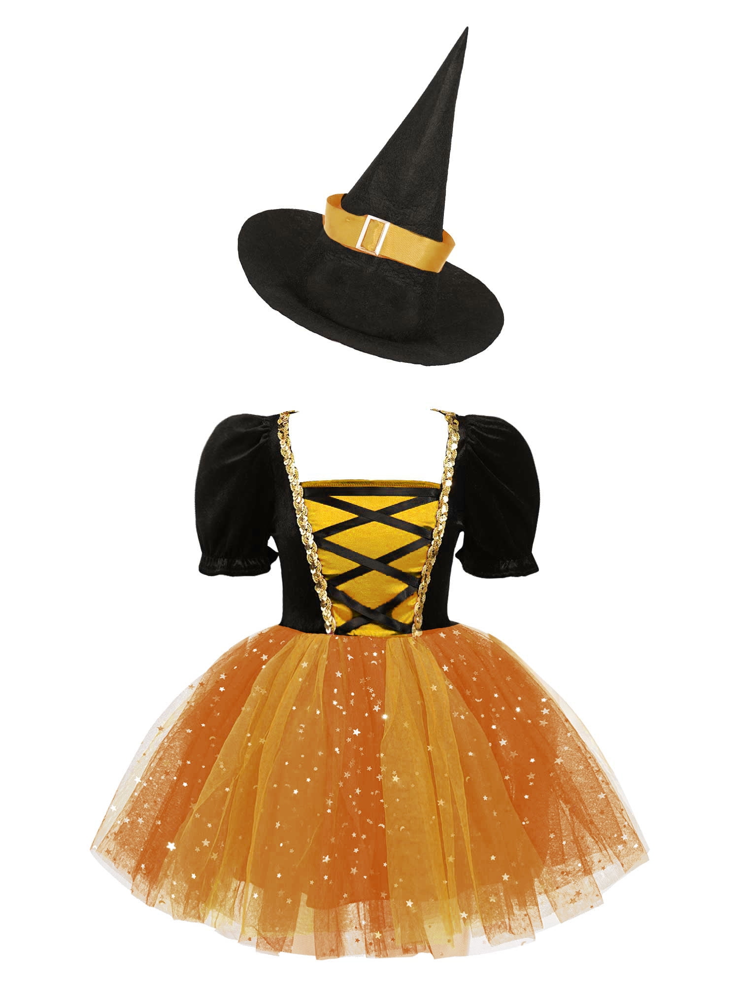 Aislor Kids Girls Witch Halloween Costume Shiny Sequins Cosplay Tutu Dress With Hat Wand Candy Bag Set Pink With Lights 4-5, Girl's
