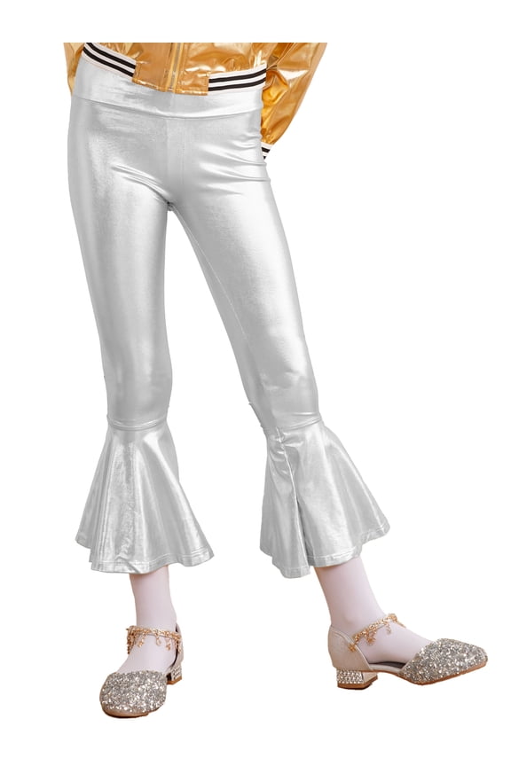 Girls Flare Dance Pants Kids Shiny Metallic Bell Bottom Jazz Ruffle Leggings Stage Performanceg Silver 8