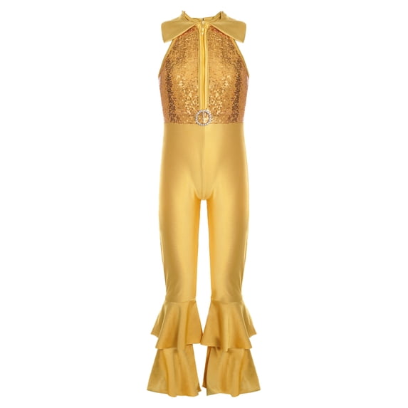 ZDHoor Girls Full Body Tank Unitard Shiny Sequins Dance Leotard with Ruffles Hem,Sizes 6-14 Gold 12