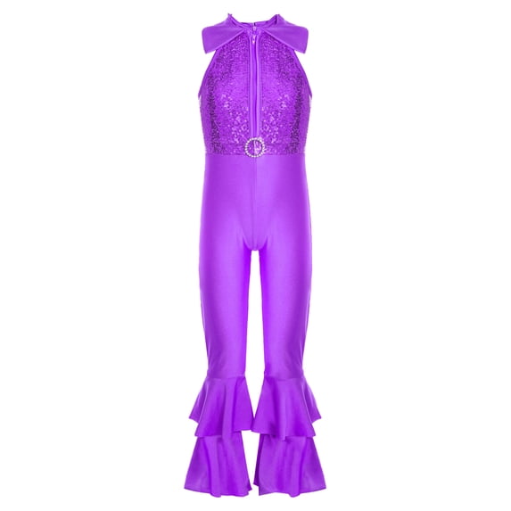 ZDHoor Girls Full Body Tank Unitard Shiny Sequins Dance Leotard with Ruffles Hem,Sizes 6-14 Purple 8