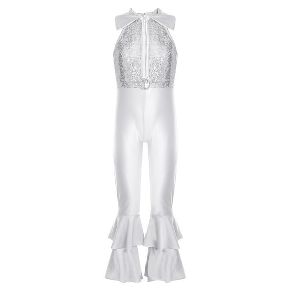 ZDHoor Girls Full Body Tank Unitard Shiny Sequins Dance Leotard with Ruffles Hem,Sizes 6-14 Silver 10