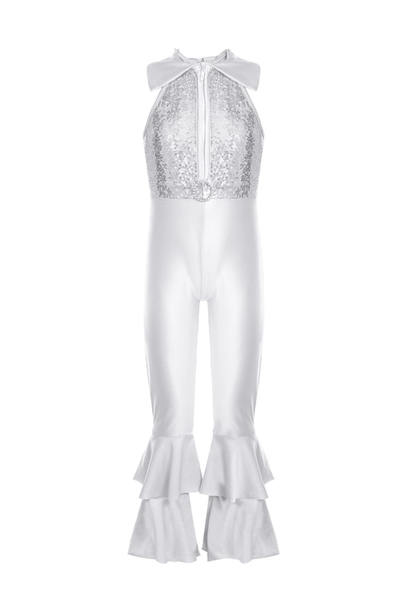 Girls Full Body Tank Unitard Shiny Sequins Dance Leotard with Ruffles Hem,Sizes 6-14 Silver 6