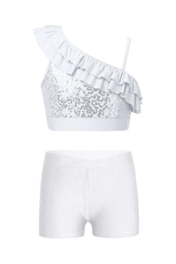 Girls Gymnastic Dance Outfits Sequin Asymmetrical Shoulder Ruffle Crop Top with Shorts Set White 14