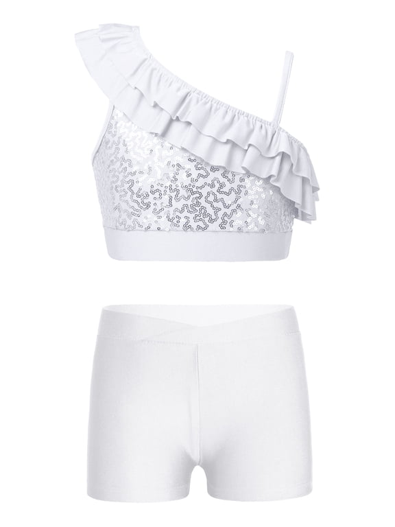 Girls Gymnastic Dance Outfits Sequin Asymmetrical Shoulder Ruffle Crop Top with Shorts Set White 14