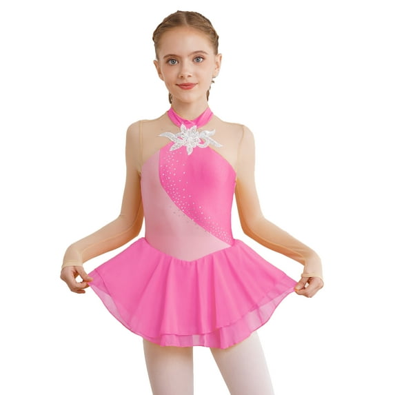 ZDHoor Girls Long Sleeve Ballet Skirted Dance Leotard Shiny Rhinestone Figure Ice Skating Dress Hot Pink 6