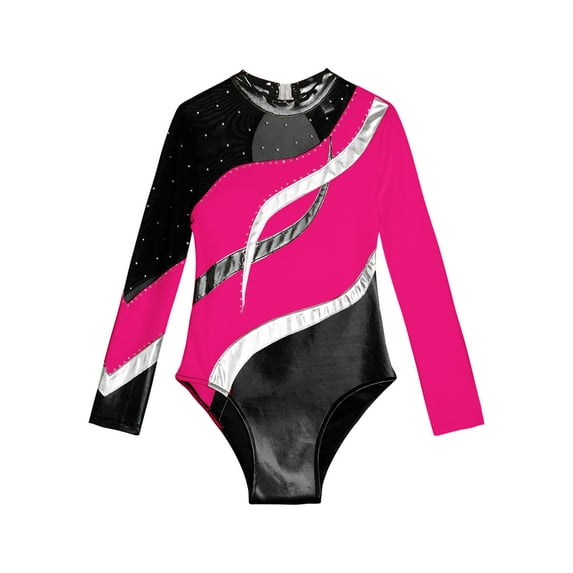 ZDHoor Girls Long Sleeve Shiny Patchwork Athletic Dance Gymnastic Leotards Bodysuit Hot Pink 8