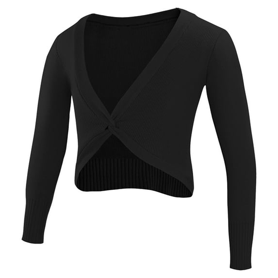 ZDHoor Girls Long Sleeve Warm-up Cotton Twist Knot Front Gymnastic Ballet Dance Wrap Tops Black 15-16
