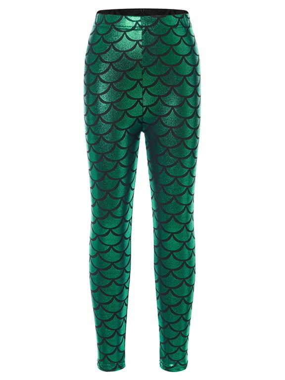 Girls Mermaid Leggings Shiny Metallic Fish Scale Pants Party Dance Christmas Costume Green 5-6