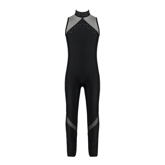 ZDHoor Girls Mesh Patchwork Gymnastic Jumpsuit Yoga Sports Unitard Faux Diamonds Figure Skating Leotard Black 16