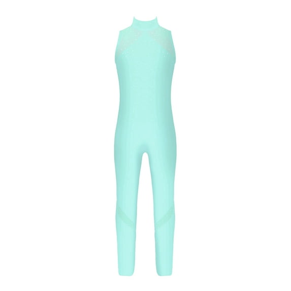 ZDHoor Girls Mesh Patchwork Gymnastic Jumpsuit Yoga Sports Unitard Faux Diamonds Figure Skating Leotard Mint Green 10