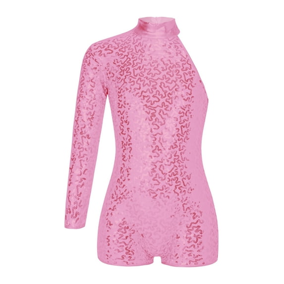 ZDHoor Girls Metallic Sequin Gymnastic Leotard Single Long Sleeve Bodysuit One Piece Unitard Dancewear Pink 8