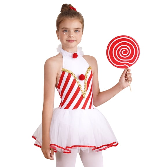 ZDHoor Girls Miss Santa Christmas Candy Cane Costume Sequins Ballet Leotard Tutu Dress Dance Costume Red-C 6