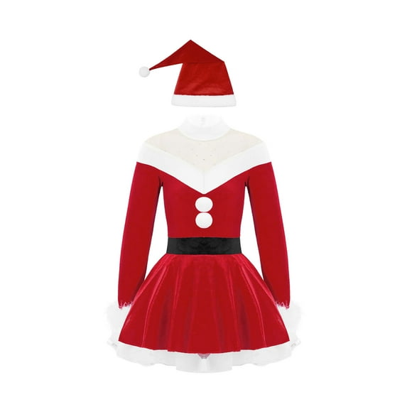ZDHoor Girls Miss Santa Costume Christmas Theme Party Velvet Long Sleeve Pompoms Dress Red-B 10