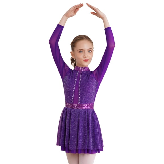 ZDHoor Girls Mock Neck Figure Ice Skating Dress Roller Skating Skirted Leotard Competition Dancewear Purple 14