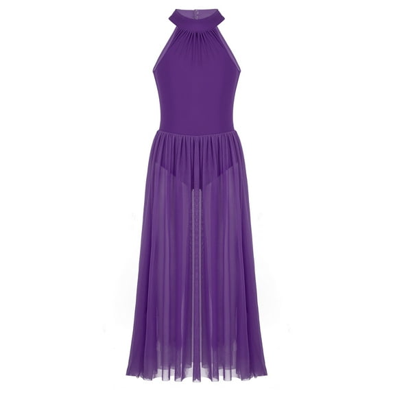 ZDHoor Girls Mock-Neck Lyrical Dance Dress Cutout Back Leotard Sheer Mesh Skirt Dancing Costumes Purple 12
