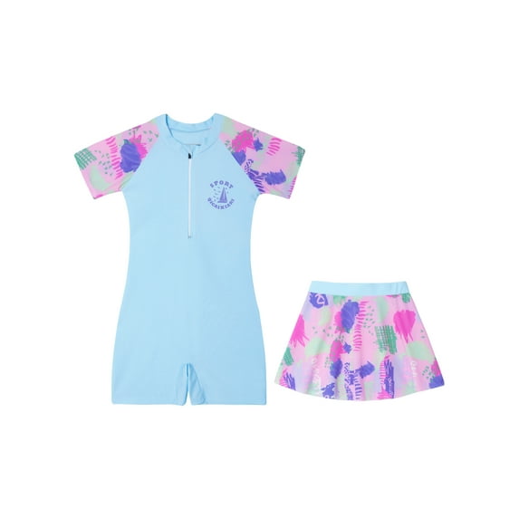 ZDHoor Girls One Piece Swimming Costume Short Sleeves Rash Guard Surfing Swimsuits with Skirts Light Blue 5-7
