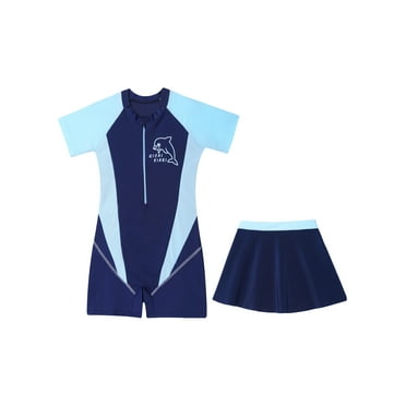 ZDHoor Girls One Piece Swimming Costume Short Sleeves Rash Guard Surfing Swimsuits with Skirts Navy Blue 5-7