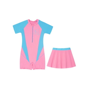 ZDHoor Girls One Piece Swimming Costume Short Sleeves Rash Guard Surfing Swimsuits with Skirts Pink 9-11