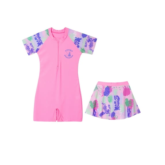 ZDHoor Girls One Piece Swimming Costume Short Sleeves Rash Guard Surfing Swimsuits with Skirts Pink Graffiti 7-9