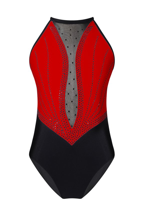 Girls Rhinestone Mesh Splice Gymnastics Leotard Straps Hollow Back Dance Unitard Biketard Red 12