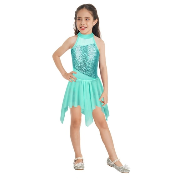 ZDHoor Girls Sequined Asymmetric Leotard Dress Lyrical Modern Contemporary Ballroom Dance Costumes Turquoise 8