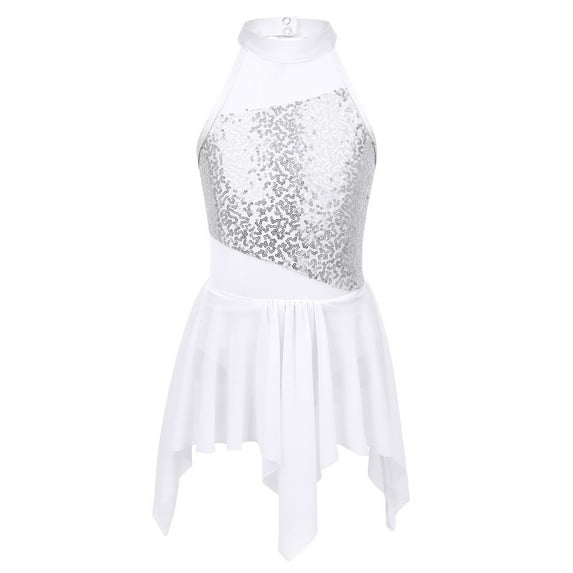 ZDHoor Girls Sequined Asymmetric Leotard Dress Lyrical Modern Contemporary Ballroom Dance Costumes White 14
