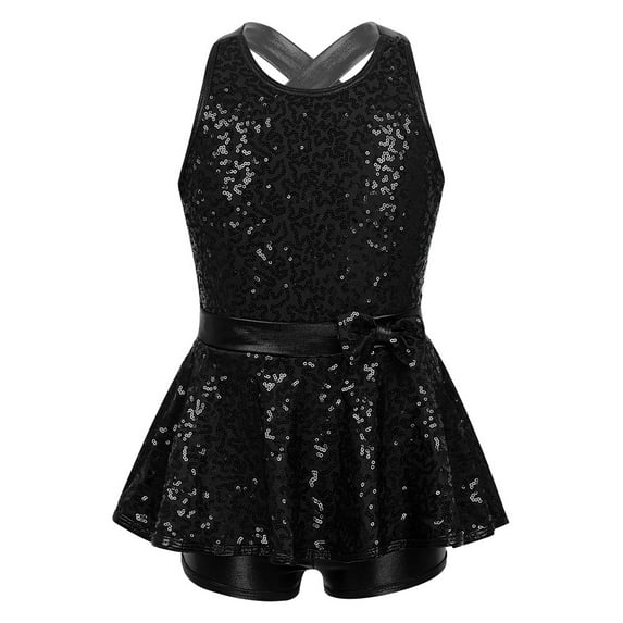 ZDHoor Girls Sequins Bowknots Ballet Dance Costume Gymnastics Leotard Dress Jazz Dancewear Black 14