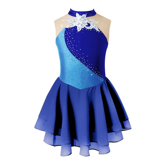 ZDHoor Girls Floral Rhinestone Mesh Splice Ballet Gymnastics Leotard Skating Dress Navy Blue 12