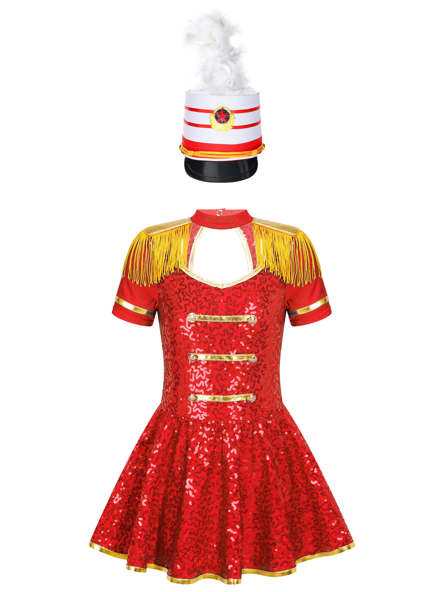 ZDHoor Girls Sequins Majorette Costume Mock Tassel Cap A Line Uniform 