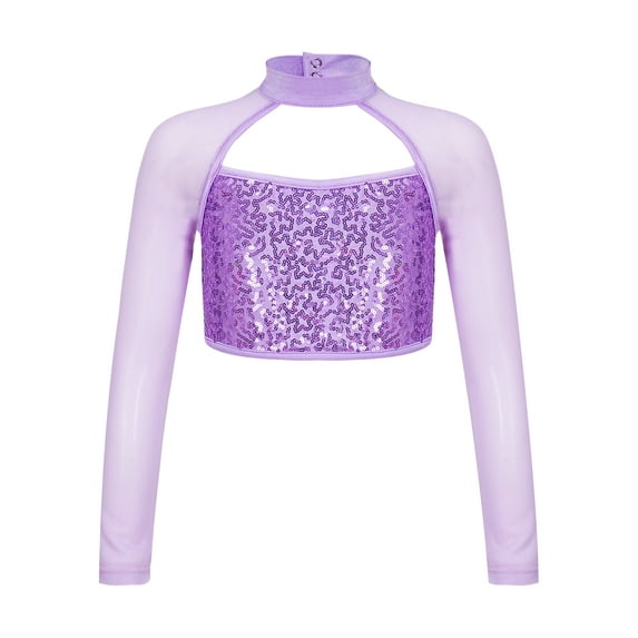 ZDHoor Girls Shinny Sequins Dance Crop Tops Mesh Spliced Long Sleeve T-Shirt Jazz Hip Hop Dance Costume Purple 16