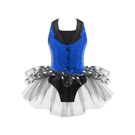 ZDHoor Girls Shinny Sequins Sleeveless Tuxedo Leotard Tutu Skirt Jazz Latin Ballet Dance Costume Blue 6