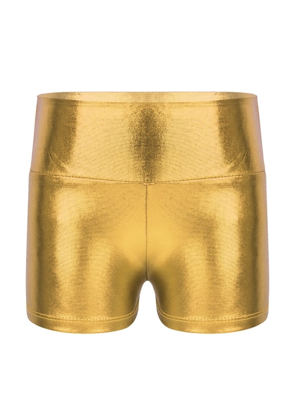 Girls Shiny Metallic Dance Workout Booty Shorts High Waist Boy-Cut Bottoms Gym Sports Activewear Gold 14