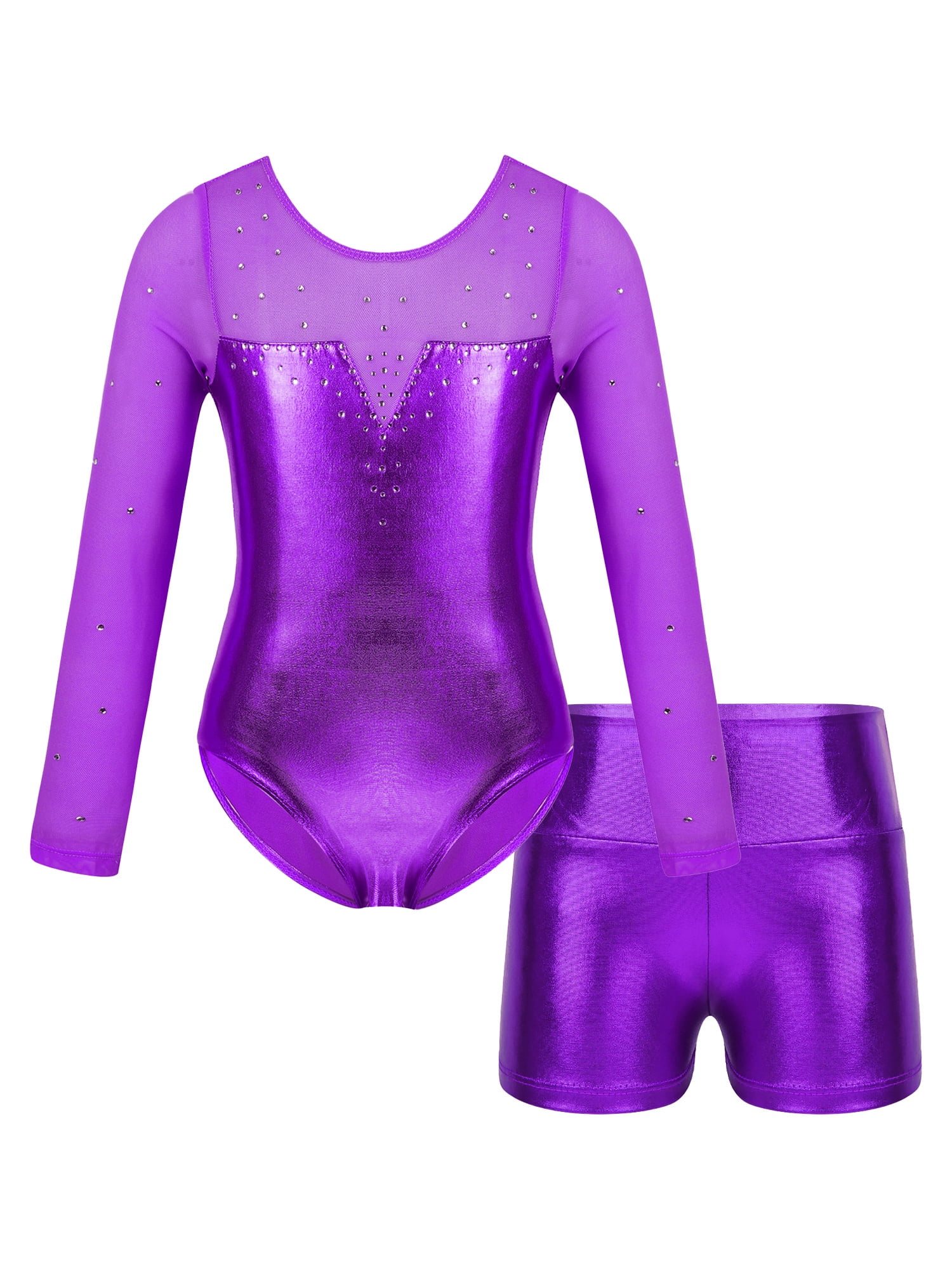 YEAHDOR Women's Sparkly Rhinestone Dance Bodysuit - Open Back Long Sleeve Unitard For Gymnastics