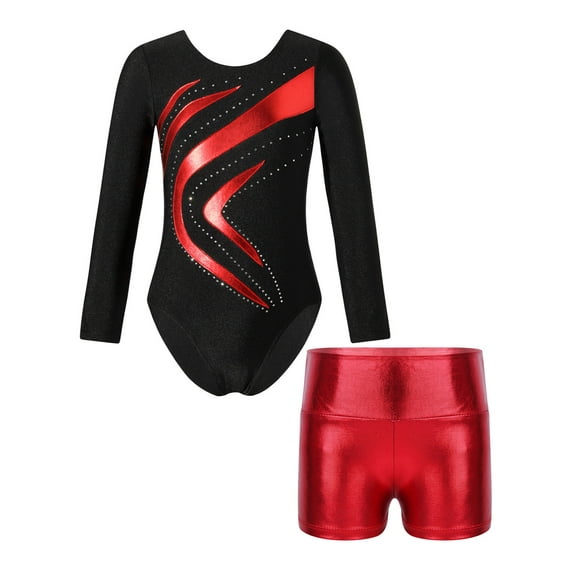 ZDHoor Girls Shiny Rhinestones Long Sleeve Gymnastics Leotard Athletic Biketard Jumpsuit with Shorts Red 6