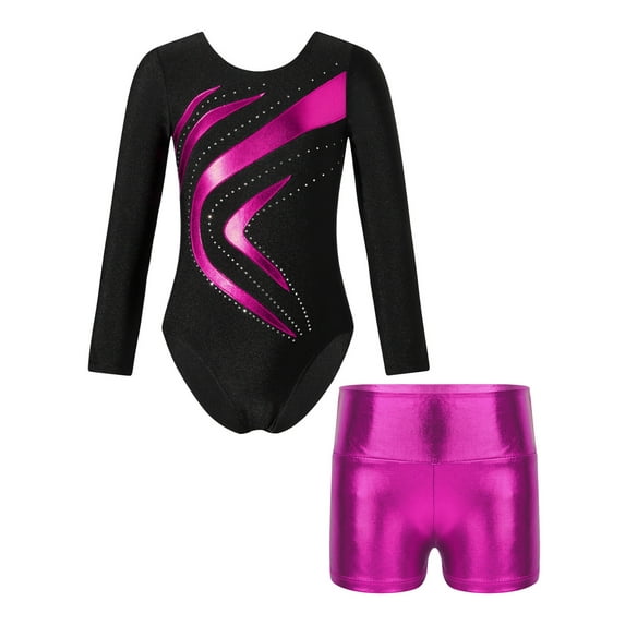 ZDHoor Girls Shiny Rhinestones Long Sleeve Gymnastics Leotard Athletic Biketard Jumpsuit with Shorts Rose 6