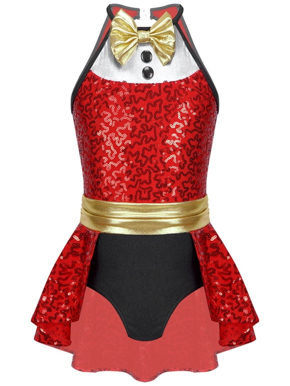 Girls Shiny Sequin Ice Skating Tuxedo Leotard Dress Jazz Tap Dance Stage Performance Costume Red 14
