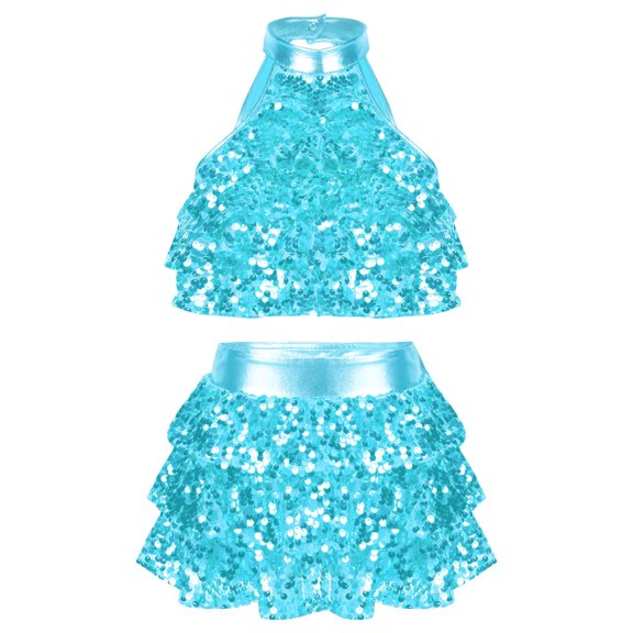 ZDHoor Girls Shiny Sequins Ballerina Unitard Leotard Halter Modern Latin Dance Costume Blue-A 6