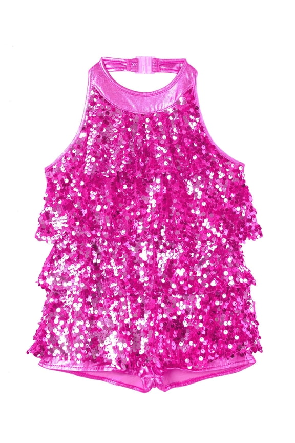 Girls Shiny Sequins Ballerina Unitard Leotard Halter Modern Latin Dance Costume Rose 4