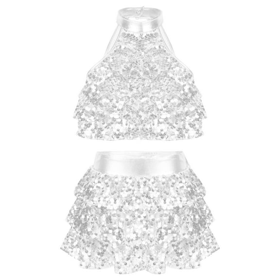 ZDHoor Girls Shiny Sequins Ballerina Unitard Leotard Halter Modern Latin Dance Costume Silver-A 8