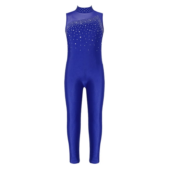 ZDHoor Girls Sleeveless Rhinestone Unitards One Piece Stretchy Full Body Leotard Bodysuit Dance Costumes Royal Blue 12