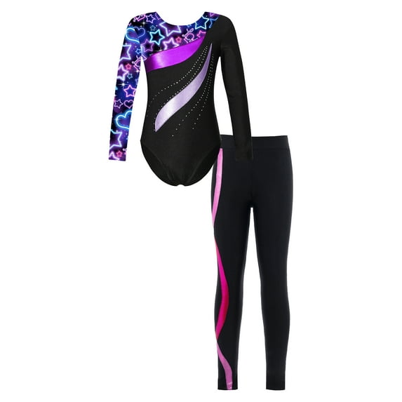 ZDHoor Girls Sports Dance Outfits Long Sleeve Gymnastics Leotard with Yoga Leggings Pants Set Starry Black&Hot Pink 6