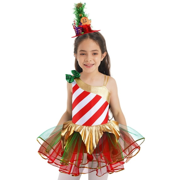 ZDHoor Girls Stripe Candy Cane Christmas Costume Santa Elf Dress Up Ballet Tutu Leotard Dance Dress Red-A 14