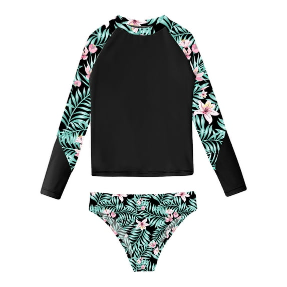 ZDHoor Girls Swimsuits Two Pieces Swimwears Rash Guard Set Long Sleeve UPF50+ Bathing Suit Green&Black 12